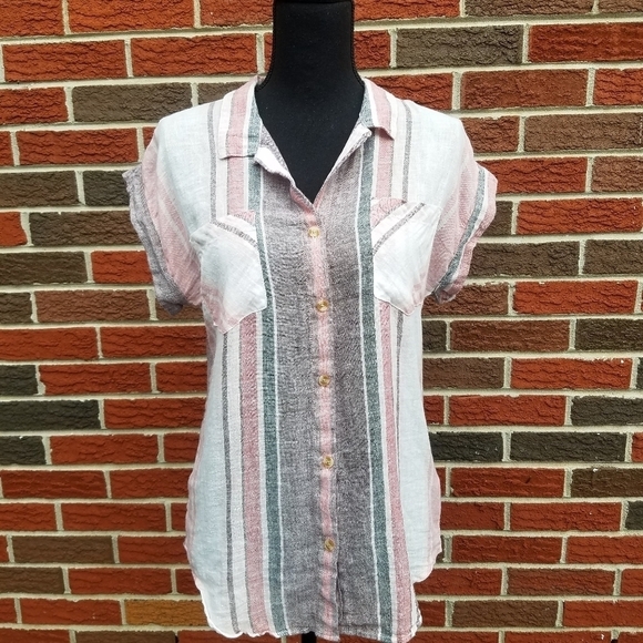 Thread and supply linen blend button-down striped top - Picture 1 of 7